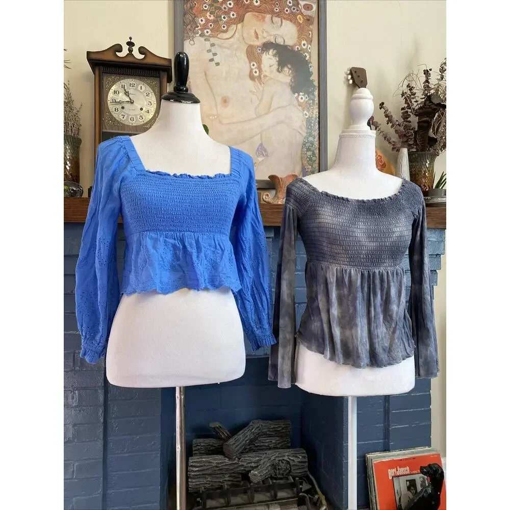 American Eagle S Lot of 2 Women's Tops Ruffle Crop Floral Shirts Peasant Smocked